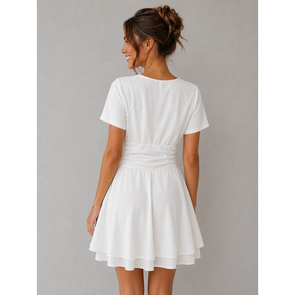 White Square-Neck Short Dress Minimalist Capsule Preppy - Picture 2 of 9